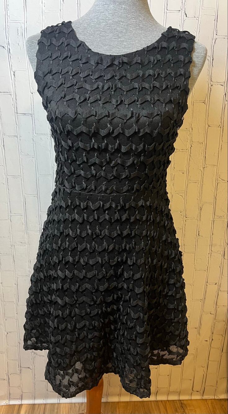 Sans Souci Black Textured Ruffle Fit & Flare Keyhole Party Dress M